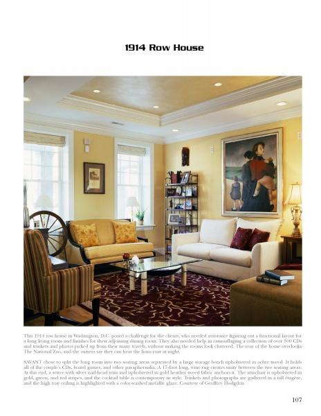 A well-lit 1914 row house living room with elegant decor offers inspiration for historic home renovation, as featured in "Today's Historic Interiors" by Schiffer Publishing, Ltd.
