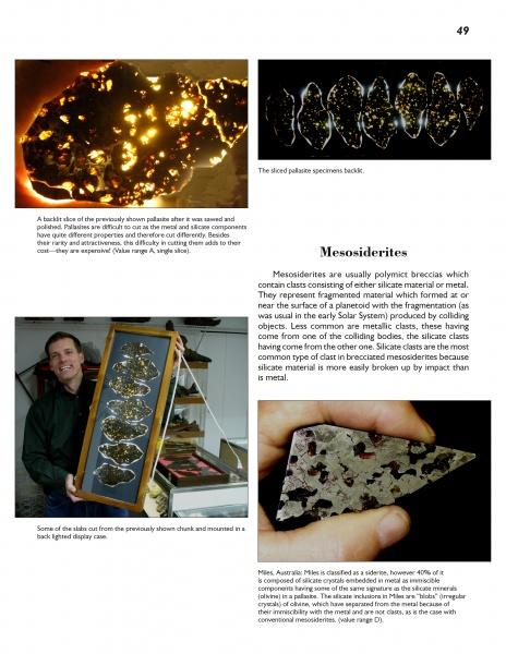 A page from Schiffer Publishing, Ltd.'s "Meteorites" shows images of a sliced, backlit pallasite, several slices in a display case, and a close-up of a mesosiderite, with text discussing mesosiderite meteorites.