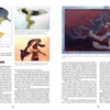 A magazine spread showcases four artworks—abstract and surrealist human-animal hybrids and a mermaid-like sculpture—evoking the political style of Robbie Conal (Schiffer Publishing, Ltd.), all set against dark, fluid backgrounds.