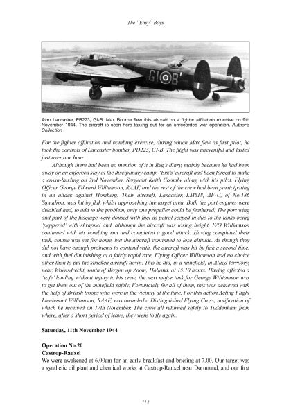 Black-and-white photo of an Avro Lancaster in WWII. Below, a diary page details RAAF pilot Max Boultbee’s 1944 No. 622 Squadron mission, as featured in "The Easy Boys" by Schiffer Publishing, Ltd.