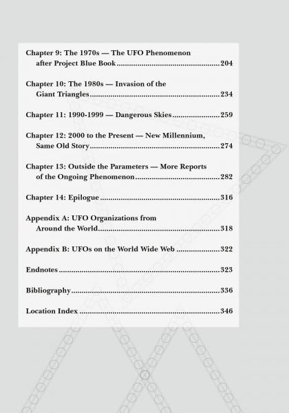 The table of contents in UFO Conspiracy by Schiffer Publishing, Ltd. lists chapters on UFO sightings and government conspiracy from the 1970s to today, with an epilogue, appendices on UFO groups, endnotes, bibliography, and a location index.