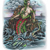 A green and red mermaid with finned arms sits on ocean rocks, gazing at a far-off ship beneath clouds. Waves crash and her tail gleams—a dramatic scene from Life & Death in Tattoo Flash by Schiffer Publishing, Ltd., inspired by classic tattoo art.