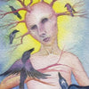 Surreal watercolor image inspired by Guardian Tarot from Schiffer Publishing, Ltd.: a faceless figure with tree-like branches on their head, black birds around them. "Seven of Swords" text below. Background in shades of blue and yellow.