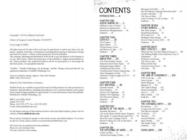 The copyright page and table of contents for "Alien Arrival: Salvation or Destruction" by Schiffer Publishing, Ltd. list chapters on aliens, UFOs, extraterrestrial life, conspiracies, the moon, Mars, abductions, signals, and government secrets with page numbers.