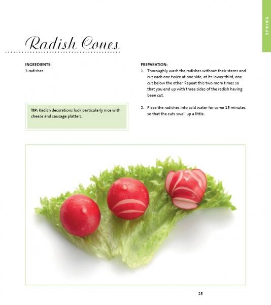 Three radishes carved with decorative patterns sit on green lettuce, featured in Schiffer Publishing, Ltd.'s "Garnishing & Decorating" as a creative garnish idea for impressive amuse-bouches or finger foods.