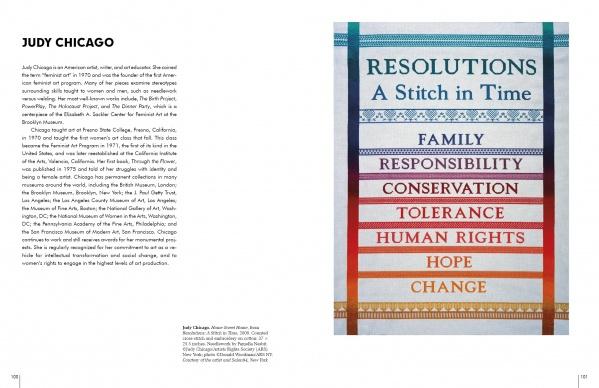 A two-page spread in 50 Contemporary Women Artists by Schiffer Publishing, Ltd. features text on Judy Chicago and her colorful tapestry Resolutions: A Stitch in Time, woven with words like Family, Responsibility, and Conservation.