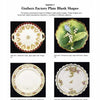 A catalog page from Schiffer Publishing, Ltd. features four Royal Austria Porcelain plate blanks, each with distinct shapes, rim styles, colors, and unique floral designs labeled by description and design number.