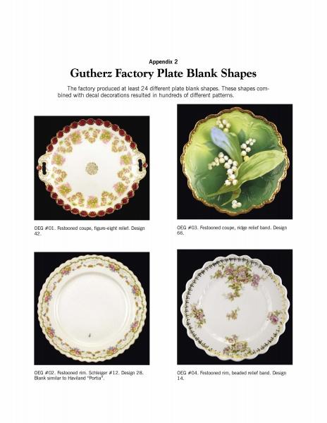 A catalog page from Schiffer Publishing, Ltd. features four Royal Austria Porcelain plate blanks, each with distinct shapes, rim styles, colors, and unique floral designs labeled by description and design number.