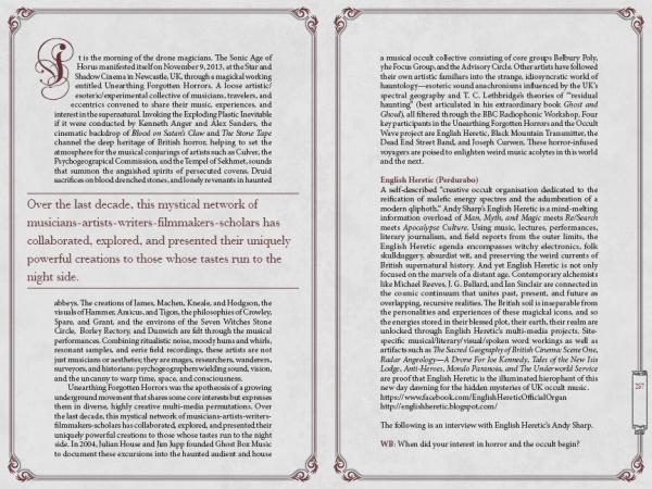 An open copy of Schiffer Publishing, Ltd.'s The Thrill of Repulsion shows two columns per page, a stylized drop cap S, and a highlighted passage: Over the last decade, this mystical network of horror creators has collaborated...