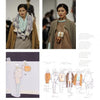 Two fashion design students wear layered looks with scarves and pouches. Below, sketches and notes show garment concepts. “Europe: Rising Fashion Designers” by Schiffer Publishing, Ltd. highlights emerging trends.