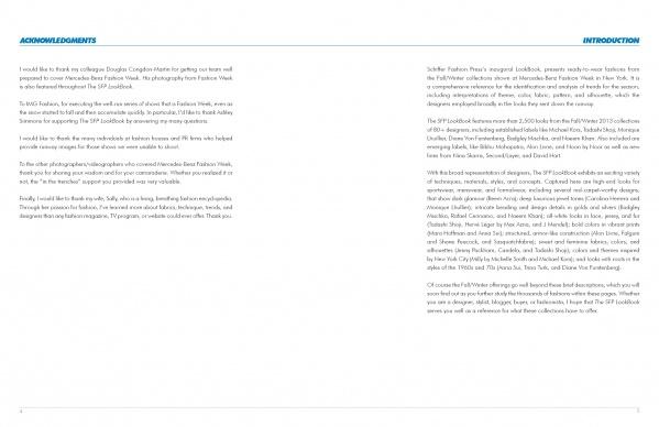 A two-page spread from *The SFP LookBook: Mercedes-Benz Fashion Week Fall 2013 Collections* by Schiffer Publishing, Ltd. features headings Acknowledgements (left) and Introduction (right), both with dense, justified text in paragraphs.