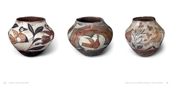Birds in the Barnes Foundation" by Schiffer Publishing, Ltd. features three round clay pots with wide openings and painted bird and floral motifs in earthy browns, reds, and blacks, set against a plain white background.