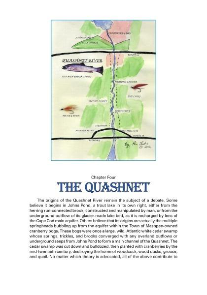A map from Schiffer Publishing, Ltd.’s "A Tale of Two Rivers" shows the Quashnet River with green lands, ponds, and streams; below, a chapter explores its origins, history, and renowned Sea Run Brook Trout.