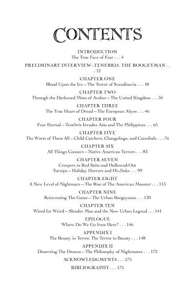 The table of contents in "Interview with the Boogeyman" by Schiffer Publishing, Ltd. lists the Introduction, nine chapters on fear and folklore across cultures, plus two appendices, acknowledgments, and bibliography—all with page numbers.