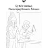 A cartoon from "Close Quarters" by Schiffer Publishing, Ltd. shows a woman with a compass at a drafting table and a nervous man behind her. Caption: "My First Stabbing: Discouraging Romantic Advances." A witty look at women in male-dominated fields.