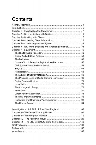 The "Paranormal Research" table of contents from Schiffer Publishing, Ltd. guides teams through chapters on ghost hunting, spirit communication, equipment, digital video, and ghost photography with page numbers.