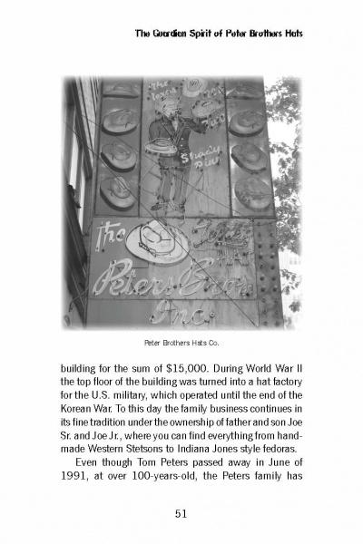 Black and white photo of a vintage storefront sign reading “The Peter Brothers Hat Co.” from Ghosts of Fort Worth by Schiffer Publishing, Ltd., featuring a suited man with a hat box and company info below; connected to Fort Worth haunted sites.