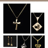 Five pieces of gold jewelry on a black background evoke the elegance of abstract sculpture, reflecting the style of Robert Engman, as featured by Schiffer Publishing, Ltd.