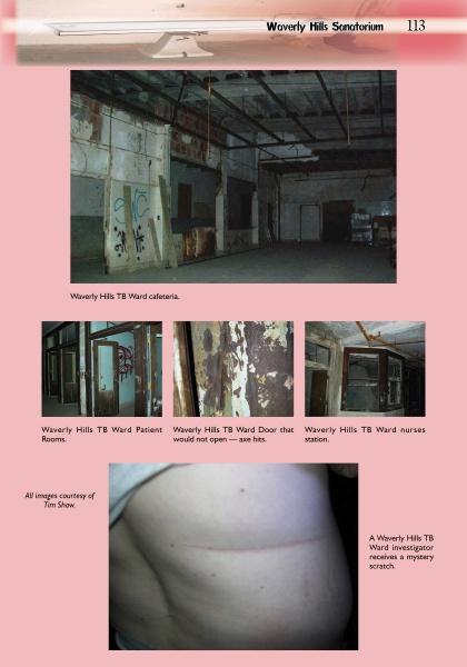 A collage from "Haunted Asylums" by Schiffer Publishing, Ltd. showcases eerie images of Waverly Hills TB Ward—cafeteria, patient rooms, locked door, nurses station—echoing the haunting history of asylums like Danvers State Hospital.