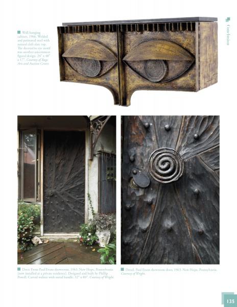 A collage of three images features sculptural, eye-themed wooden designs: the Paul Evans cabinet, a patterned door, and a spiral doorknob—striking pieces from Schiffer Publishing, Ltd., ideal for collectors of designer furniture.