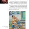 A page from "100 Artists of the Male Figure" by Schiffer Publishing, Ltd. showcases a bearded man with glasses, an artist bio, and artwork depicting masculine beauty: a shirtless man squatting on a patio with a white goat and house behind.