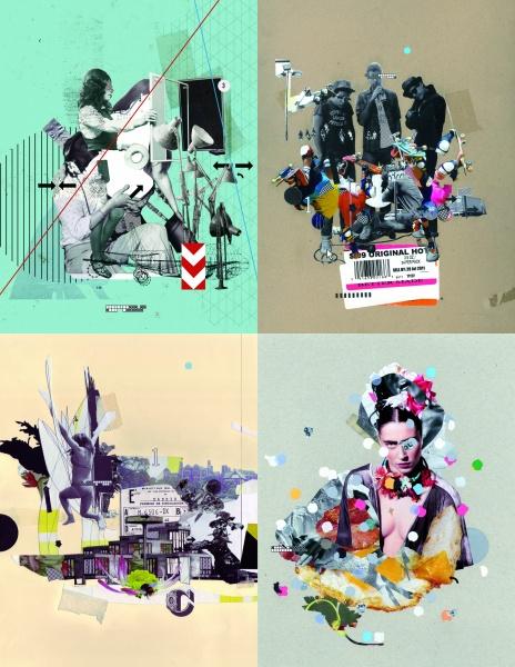ARTtitude by Schiffer Publishing, Ltd. is a collage of four abstract artworks combining photos, geometric shapes, and mixed media in vibrant colors, featuring people, architecture, and contemporary graphic arts on diverse backgrounds.