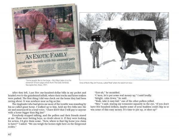 A magazine page showcases Rick West with a giant horse and goats, plus a photo by a barn. Text shares his sideshow tales, echoing classic Americana, as featured in “Pickled Punks and Girlie Shows” by Schiffer Publishing, Ltd.