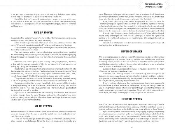 A two-page spread from the "My First Relationship Tarot" guidebook by Schiffer Publishing, Ltd. discusses the Five, Six, Seven, and Eight of Staves with clear black text on white. Perfect for deepening relationship readings; no images included.