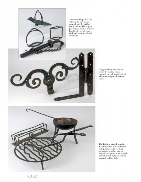 A page from Everyday Artifacts by Schiffer Publishing, Ltd. shows four photos—antique iron stirrups and spurs, decorative hinges, a kitchen spit with rack, and a tripod cauldron—highlighting skilled historic craftsmanship and daily life antiques.