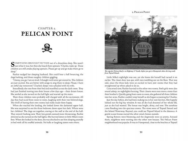 An open book from Pirates and Ghosts of the Carolinas' Coast by Schiffer Publishing, Ltd. shows Chapter 5, “Pelican Point,” with a skull icon and text, and a black-and-white photo of a brick entrance sign reading Pelican Point.
