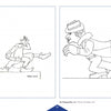 From "Caricatures in Motion" by Schiffer Publishing, Ltd.: Two black-and-white cartoon sketches—left, a figure saluting with bent leg (rear view); right, a hat-wearing person crouches with raised hands, facing left.