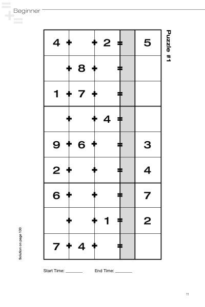 Kansuko by Schiffer Publishing, Ltd. is a beginner math logic puzzle featuring seven horizontal addition equations, each with three numbers and an answer space. Styled like Sudoku and labeled Puzzle #1.