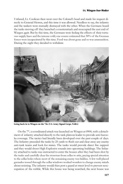 A black-and-white photo from "Duty Before Self: The Story of the 781st Tank Battalion in World War II" by Schiffer Publishing, Ltd. depicts Sherman Easy Eight tanks and soldiers navigating a war-damaged village street lined with ruined buildings.