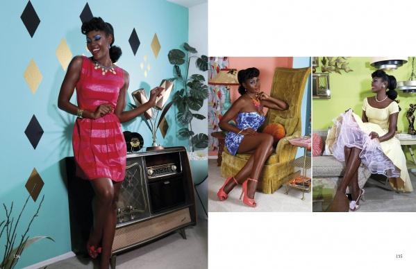 In "Kittens and Kulture" by Schiffer Publishing, Ltd., a model channels vintage pinup style in three retro rooms: posing in a pink dress by a TV, a blue floral dress on a gold chair, and a yellow dress atop a pink ottoman with retro decor.