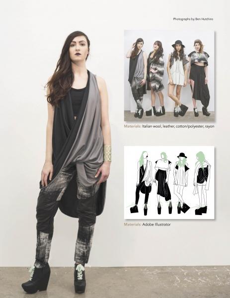 A woman models a modern black and gray outfit with patterned pants. On the right, Emerging Fashion Designers 5 by Schiffer Publishing, Ltd. showcases photos, sketches, and materials used by new fashion talents.