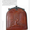 Artistic Leather of the Arts and Crafts Era by Schiffer Publishing, Ltd.: A vintage brown leather purse with hand-tooled detail, embossed Art Deco woman, Gothic-arched background, upright display, and metal top clasp.