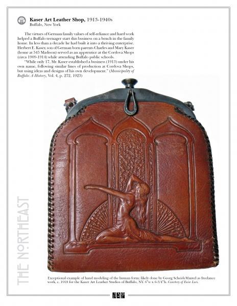 Artistic Leather of the Arts and Crafts Era by Schiffer Publishing, Ltd.: A vintage brown leather purse with hand-tooled detail, embossed Art Deco woman, Gothic-arched background, upright display, and metal top clasp.