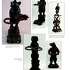 A catalog page from Schiffer Publishing, Ltd. showcases five Black Forest Woodcarvings—bear-shaped wooden umbrella stands in various poses, each uniquely detailed, set on a white background with captions and page 181 at the bottom.