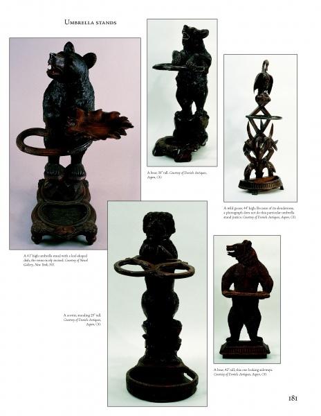 A catalog page from Schiffer Publishing, Ltd. showcases five Black Forest Woodcarvings—bear-shaped wooden umbrella stands in various poses, each uniquely detailed, set on a white background with captions and page 181 at the bottom.