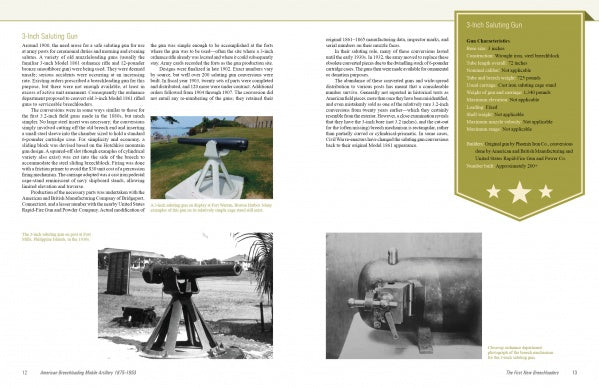 A book spread in "American Breechloading Mobile Artillery 1875-1953" by Schiffer Publishing features text, labeled photos of saluting guns, detailed mechanism close-ups, and a green fact box with stars—ideal for any field artillery reference.