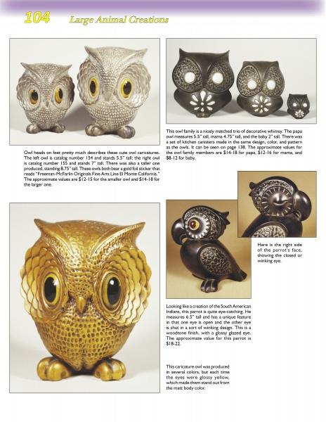 A catalog page presents Freeman-McFarlin Pottery animal sculptures by Schiffer Publishing, Ltd., featuring metal owl figurines with round eyes and detailed feathers in silver, gold, and dark finishes, with descriptions and prices shown.