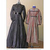 Victorian Fashions for Women and Children by Schiffer Publishing, Ltd. features two 1860s women’s dresses: a dark, belted, long-sleeved silk dress and a striped dress with gathered bodice, fitted waist, and decorative trim.