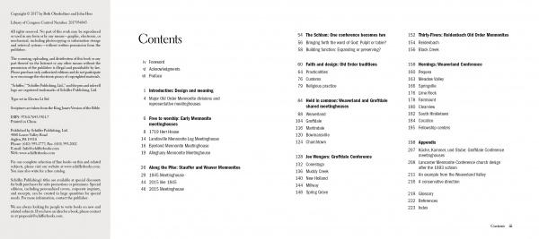 A two-page spread from "Plain Meetinghouses" by Schiffer Publishing, Ltd. lists section numbers, chapter titles, and page numbers in columns, with copyright info atop the left page and references to Old Order Mennonites in Lancaster County.