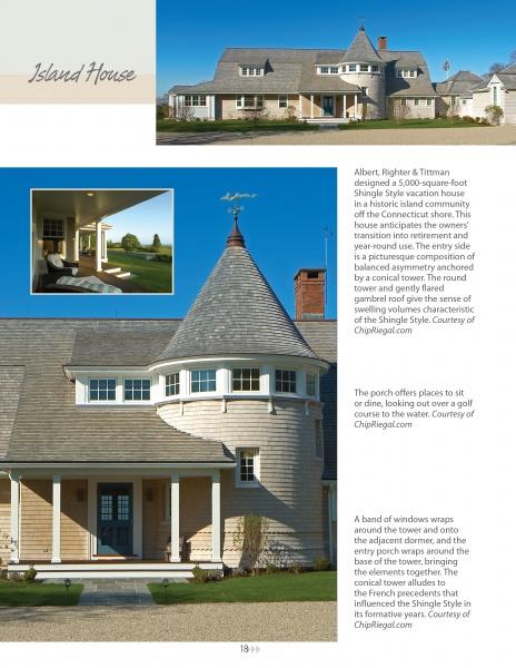 Discover “Shingle Style Architecture” by Schiffer Publishing, Ltd.—showcasing a spacious modern home with a turret, wide porch, and multiple gables. Features include a covered seating area with lawn views, energy efficiency, and refined architectural details.