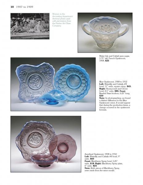 A catalog page from Schiffer Publishing, Ltd. showcases Fenton Art Glass: four opalescent pieces from 1907–1909 in pale blue and pink, including bowls and a sugar dish, with descriptions, prices, and a black-and-white photo.
