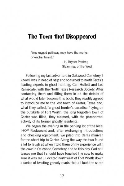 A page from Ghosts of Fort Worth by Schiffer Publishing, Ltd. features a H. Bryant Prather quote and details an exploration of Oakwood Cemetery ghosts with insights from local experts. "17" is shown at the bottom.
