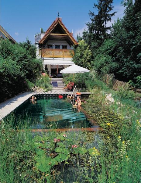 The Swimming Ponds by Schiffer Publishing, Ltd. features a natural pool with water lilies, lush plants, and greenery, a house with a balcony, two swimmers, and a person relaxing under a white umbrella by the pond.