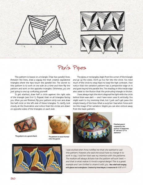 A magazine page features triangular and rectangular border patterns, decorated drums, and a painted box, with text on the design process from "Doodling Borders for Wood Burning, Gourds & Drawing" by Schiffer Publishing, Ltd.