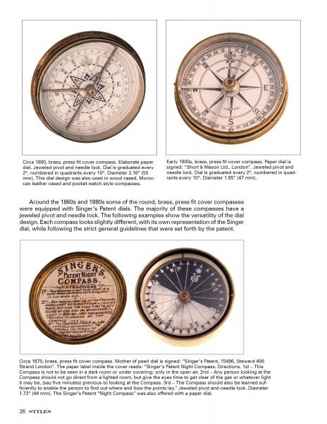 A page from Compass Chronicles by Schiffer Publishing, Ltd. displays four uniquely designed antique pocket compasses with detailed descriptions, highlighting their historical significance and intricate craftsmanship.
