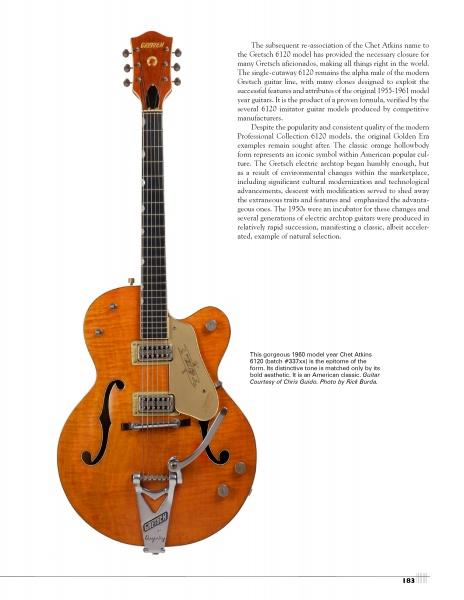 The Gretsch 6120 by Schiffer Publishing, Ltd. is shown upright against a white background with descriptive text beside this collectible electric guitar featuring gold hardware, f-holes, dual pickups, Bigsby tremolo, and pickguard.